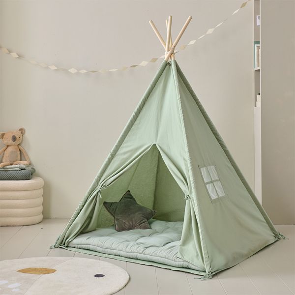 Green teepee tent 158 cm tall made from cotton and pine wood from Petite Amélie