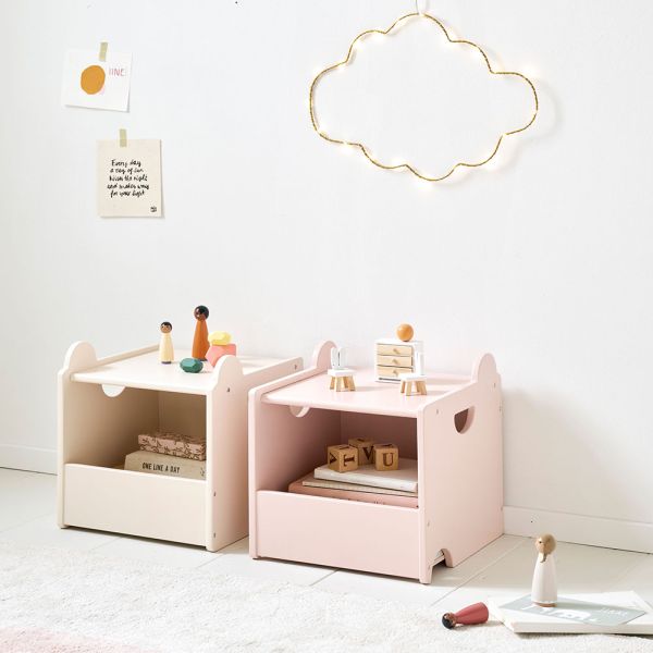 Light beige and pink toy storage bench from Petite Amélie