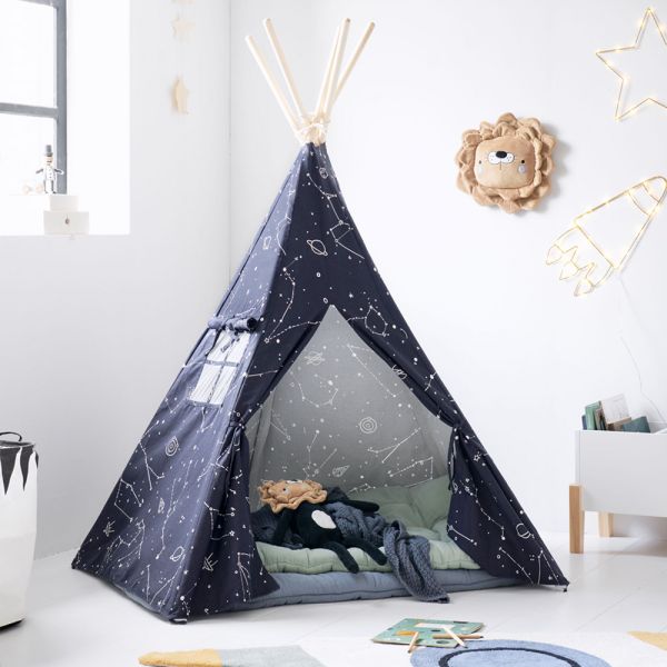 Teepee tent for kids in blue and black with glow-in-the-dark design from Petite Amélie