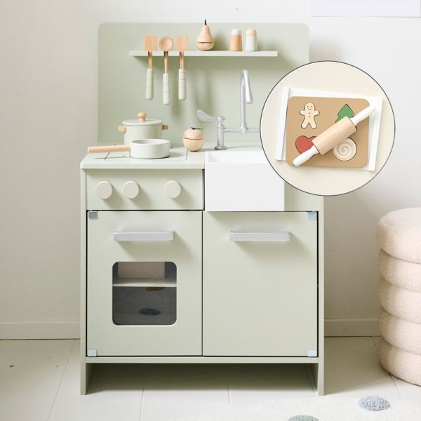 Toy baking set in a wooden play kitchen in mint grey size 83.5x55.5x38 cm from Petite Amélie 