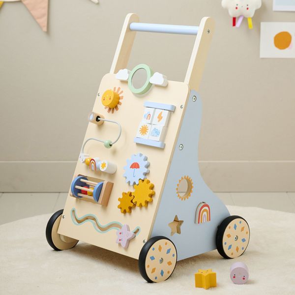 Wooden baby walker in Beige and Blue made of wood with dimensions 33,5x33x61 from Petite Amélie 