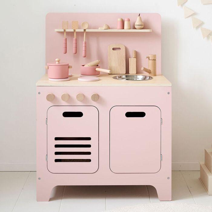 Pink wooden toy kitchen incl 13 piece set Petite Amelie