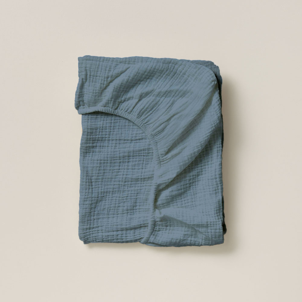 FITTED SHEET 70 X 140 CM MUSLIN COTTON | DENIM BLUE